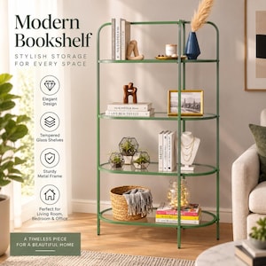 Modern bokhylla i glas, grön metallbokhylla, hyllenhet i härdat glas, displayhylla med 4 våningar, växtställ, förvaring i vardagsrum