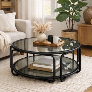May include: A round coffee table featuring two circular glass tiers supported by a black metal frame. The top tier holds a wooden tray with a beige vase containing dried pampas grass, a black mug, and a white mug. The bottom tier holds books.
