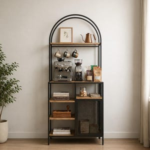 Modern Metal Wood Coffee Bar Cabinet, Arched Kitchen Hutch with Storage