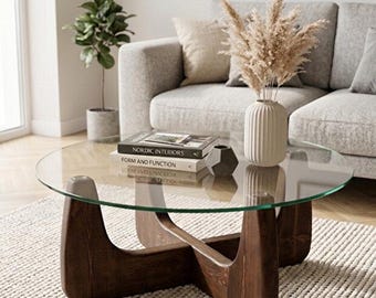 Round Glass Coffee Table, Solid Wood Base, Mid Century Modern Japandi Furniture