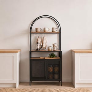 Industrial Arch Coffee Bar Cabinet, Metal Baker's Rack with Storage, Mug Holder