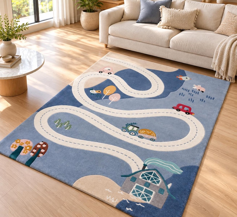 Tractor Play Rug Hand Tufted Rug, Kids Road Map Area Rug, Blue Nursery Carpet, Playroom ...