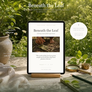 Puede incluir: Una tableta sobre un soporte de madera que muestra el título Beneath the Leaf, una experiencia de campo sobre insectos, con una foto de manos tocando el suelo, un versículo del Salmo 111:2 y texto sobre un estudio de la naturaleza centrado en la creación.
