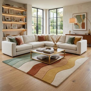 Abstract Wave Rug, Sage Green Terracotta Boho Living Room Carpet