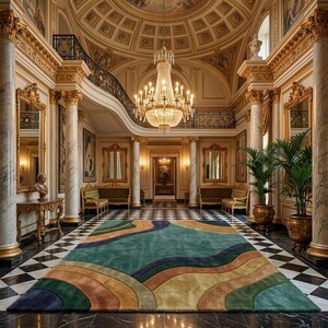 May include: A large rectangular area rug featuring a wavy, multi-colored pattern in shades of teal, olive green, mustard yellow, and deep navy blue. The rug is centered on a black and white checkered marble floor within a grand, ornate foyer.