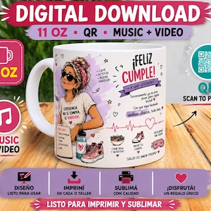 May include: A white 11 oz ceramic mug featuring a graphic illustration of a person with sunglasses and a headband. The design includes the text ¡FELIZ CUMPLE!, a QR code, various small icons like sneakers and a heart, and Spanish phrases about health and self-love.