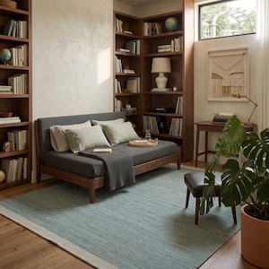May include: A charcoal gray daybed with a wooden frame, topped with light green pillows and a dark gray throw blanket. The daybed sits on a large, rectangular, light blue area rug with a cream-colored border, placed in a room with wooden bookshelves.