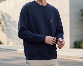Men's Feather Embroidered Sweatshirt, Minimalist Cotton Blend Pullover, Japanese Style Crewneck, Casual Loose Fit, Gift for Him