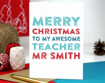 Merry Christmas Personalised Awesome Teacher Typographic Letterpress style Greeting Card DYPCH07
