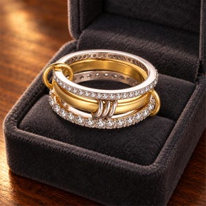 Puede incluir: Un anillo multicapa que presenta dos bandas de tono plateado incrustadas con pequeñas piedras claras y una banda central lisa de tono dorado. Las bandas están interconectadas por pequeños bucles dorados y plateados.