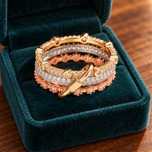 Può includere: Un set di tre anelli impilabili in tonalità oro giallo, bianco e rosa. Ogni fascia è incastonata con piccole pietre trasparenti e il set è unito da un piccolo lucchetto in metallo color oro lucido fissato sulla parte anteriore dell'anello.