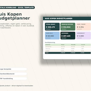 Peut inclure: Un modèle Excel numérique pour la planification budgétaire d'un achat immobilier. Le tableau de bord présente des sections pour le budget total, les dépenses réelles, l'hypothèque et l'épargne, avec des textes en néerlandais comme Totaal Budget.