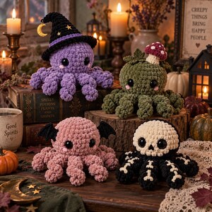 Halloween Octopus Crochet Pattern PDF, 4 in 1 Amigurumi Bundle, Witch Mushroom Bat Skeleton Plush, Spooky Halloween Crochet Pattern