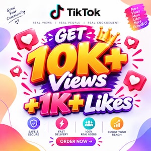 Peut inclure: Un graphique promotionnel numérique pour les services TikTok affichant le texte GET 10K+ VIEWS + 1K+ LIKES en lettres 3D jaunes et blanches. Le design comprend une couronne dorée, des icônes de notification en forme de cœur et quatre icônes circulaires.
