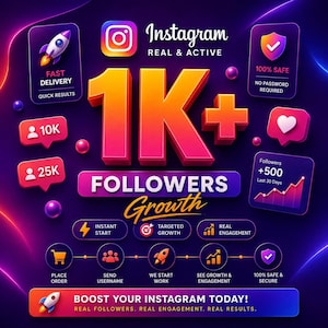 Puede incluir: Un gráfico digital que promociona el crecimiento de seguidores en Instagram con el texto 1K+ FOLLOWERS GROWTH, iconos de cohetes, corazones y gráficos, incluyendo etiquetas como FAST DELIVERY, 100% SAFE y BOOST YOUR INSTAGRAM TODAY! en tonos morados y naranjas.