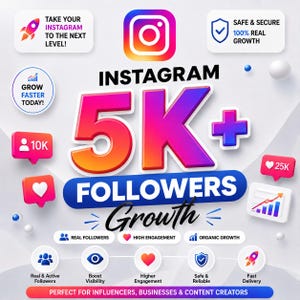Pode incluir: Um gráfico digital promovendo o crescimento de seguidores no Instagram com o texto 5K+ FOLLOWERS Growth. O design inclui ícones de foguetes, corações, gráficos e escudos, com uma paleta de cores em degradê rosa, laranja, roxo e azul.