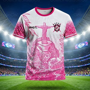 Puede incluir: Una camiseta de manga corta blanca y rosa con un gráfico de la estatua del Cristo Redentor, el texto BRASIL y un escudo con cinco estrellas. Las mangas tienen un estampado de leopardo rosa y el cuello es de color rosa sólido.
