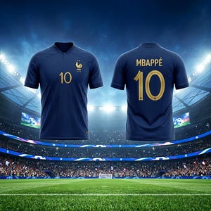 Puede incluir: Una camiseta de fútbol azul oscuro con un emblema de gallo dorado y el número 10 en la parte delantera, junto con el nombre MBAPPÉ y el número 10 en dorado en la parte trasera. La prenda tiene un acabado de tela texturizada y cuello redondo.
