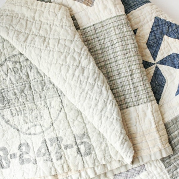 Rare Vintage 1930s Cotton Fertilizer Sack Quilt - Handstitched Virginia Carolina Fertilizer Bags, Tattered Blue White Shabby Chic Home Decor