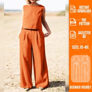 May include: A burnt orange sleeveless top and matching wide-leg trousers set. The top features a round neckline and a straight hem. The trousers have a high waist with pleats and a loose, flowing fit. The set is presented as a digital sewing pattern.