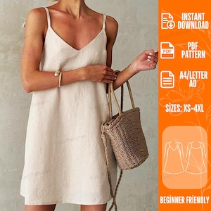 Puede incluir: Un vestido beige sin mangas con tirantes finos y escote en V. El vestido presenta una silueta sencilla y holgada. La imagen incluye el texto: INSTANT DOWNLOAD, PDF PATTERN, A4/LETTER A0, SIZES: XS-4XL, BEGINNER FRIENDLY.