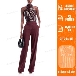 Può includere: Un top senza maniche marrone scuro con scollo incrociato abbinato a pantaloni bordeaux a vita alta. L'immagine include il testo: INSTANT DOWNLOAD, PDF PATTERN, A4/LETTER A0, SIZES: XS-4XL, BEGINNER FRIENDLY, con un diagramma a linee.