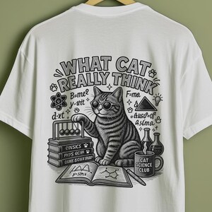 Può includere: Una t-shirt bianca con una grafica nera sul retro raffigurante un gatto soriano con occhiali rotondi. Il gatto è seduto accanto a una pila di libri, un pendolo di Newton, una tazza "CAT SCIENCE CLUB" e un libro aperto con "WHAT CAT REALLY THINK."