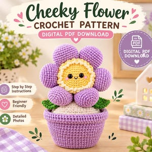 Könnte beinhalten: Eine Häkelanleitung als digitaler PDF-Download mit einer lila-gelben Blume mit lächelndem Gesicht in einem lila Topf. Der Text lautet Cheeky Flower CROCHET PATTERN, DIGITAL PDF DOWNLOAD, Step by Step Instructions, Beginner Friendly, Detailed Photos.
