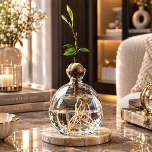 May include: A clear, spherical glass vase containing water and an avocado pit with a sprouting green stem and visible white roots. The vase rests on a circular, polished beige marble base, showcasing the plant's growth process in a transparent vessel.