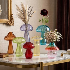 Jarrón de cristal con forma de hongo, jarrón de cristal verde para flores, jarrón nórdico con forma de hongo, jarrón para plantas hidropónicas, jarrón pequeño para flores, centro de mesa, decoración del hogar