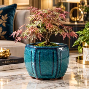 Vaso esagonale in ceramica per bonsai, smalto color verde acqua, stile cinese.