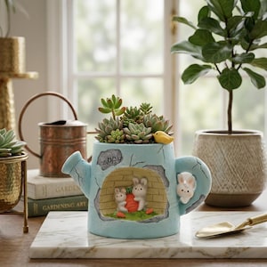 Watering Can Planter, Animal Fairy Garden Planter, Succulent Flower Pot, Decorative Garden Ornament, Whimsical Plant Pot, Home Table Decor