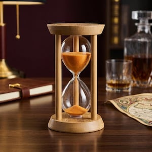 May include: An hourglass with a light-colored wooden frame and clear glass bulbs containing vibrant orange sand. The frame consists of a circular top and base connected by three vertical wooden pillars, with the sand currently flowing downward.