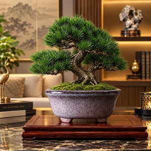 May include: A miniature pine bonsai tree with dense green needles and a textured, gnarled trunk, planted in a speckled, light purple ceramic pot with small feet, resting on a polished dark wooden rectangular display stand.