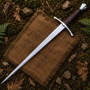 May include: A double-edged steel sword featuring a long, tapered blade with a central fuller, a silver-toned crossguard, a dark brown leather-wrapped grip, and a faceted silver-toned pommel, positioned diagonally across a square piece of burlap.