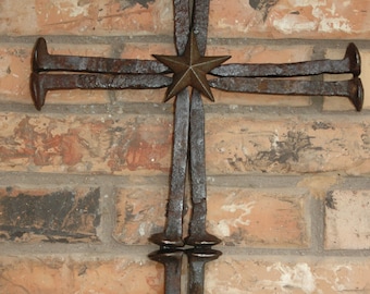 Railroad spike cross with star