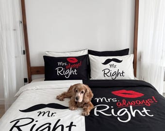 Copripiumino "Mr Right Mrs Always Right", set di biancheria da letto divertente per coppie, biancheria da letto per lui e per lei, copripiumino bianco e nero, regalo per anniversario di matrimonio.