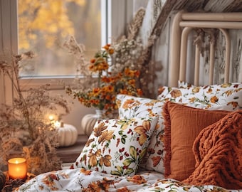Dekbedovertrek met herfstbladeren en bloemenprint, katoenen beddengoed in cottagecore-stijl (100% katoen)