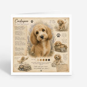 May include: A greeting card featuring a central illustration of a golden Cockapoo dog surrounded by smaller sketches of the breed, paw prints, and text detailing the dog's origin, personality traits, and favorite activities on a vintage paper background.