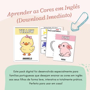Op de afbeelding: Digitale educatieve kaarten om kleuren in het Engels te leren, met een geel eendje met het label YELLOW en AMARELO, en een roze biggetje met het label PINK en ROSA, naast werkbladen met tekst zoals Trace and Colour en Matching Puzzles.