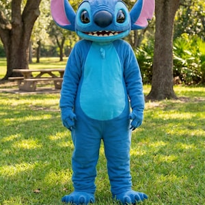 May include: A full-body mascot costume of the character Stitch, featuring a vibrant blue plush fabric, large pointed ears with pink inner sections, a wide grin with visible teeth, a large dark nose, and a lighter blue oval patch on the chest.