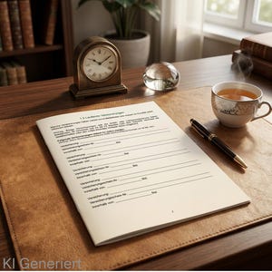 Puede incluir: Un documento blanco titulado 1.3 Laufende Versicherungen con líneas en blanco para detalles de seguros, colocado sobre un tapete de escritorio de cuero marrón junto a una pluma estilográfica negra, una taza de té humeante y un reloj.