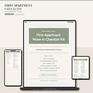 May include: A digital first-apartment move-in checklist kit displayed on a laptop screen, a smartphone, and a tablet. The document features a sage green header with white text, listing sections like move-in timeline, packing checklist, and inventory log.