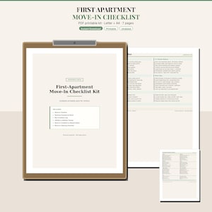 Pode incluir: Um kit de lista de verificação para mudança para o primeiro apartamento em formato PDF imprimível numa prancheta. O kit inclui uma cronologia, lista de embalagem, registo de inventário, rastreador de serviços públicos e limpeza.