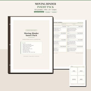 Op de afbeelding: Een digitaal verhuisbinder-invoegpakket met een voorpagina met een lijst van inbegrepen items, een verhuis-aftelplanner met wekelijkse taken en een pagina met vier tabbladen met de labels Pack, Move, Settle en Keep in zwarte tekst.