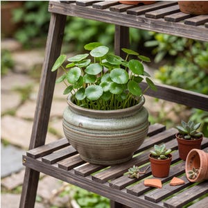 Può includere: Un vaso in ceramica rotondo color verde salvia maculato contenente una rigogliosa pianta di Hydrocotyle con numerose piccole foglie circolari verde brillante. Il vaso presenta scanalature orizzontali ed è poggiato su un supporto.