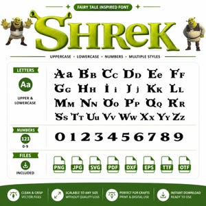 Peut inclure: Un ensemble de polices numériques présentant le mot SHREK en grandes lettres vertes avec des oreilles d'ogre, accompagné de deux illustrations du personnage Shrek. L'ensemble inclut les lettres A-Z, les chiffres 0-9 et les formats PNG, JPG, SVG, PDF, DXF, EPS, TTF et OTF.