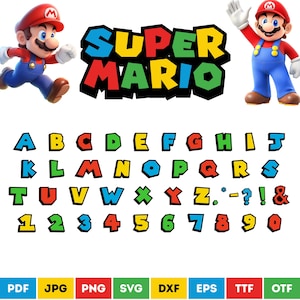 Op de afbeelding: Een digitale alfabet- en cijferset met het Super Mario-logo en karakterafbeeldingen. De letters en cijfers zijn vormgegeven in een blokkerig, kleurrijk lettertype met zwarte omlijningen. De onderste rij toont de bestandsformaten: PDF, JPG, PNG, SVG, DXF, EPS, TTF en OTF.