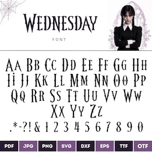 May include: A digital font set titled WEDNESDAY featuring a gothic-style alphabet, numbers zero through nine, and punctuation marks. The display includes a character illustration of a person with braided hair in a black collared dress.