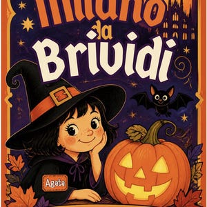 Puede incluir: Una portada de libro titulada Milano da Brividi Guida & Kit Halloween que muestra a un personaje de dibujos animados con sombrero de bruja y capa negra, una calabaza naranja tallada, un murciélago pequeño y la silueta de una catedral.
